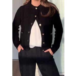 Sezane Madeline Merino Wool Blend Ribbed Gold Button Up Cardigan Black Size XS